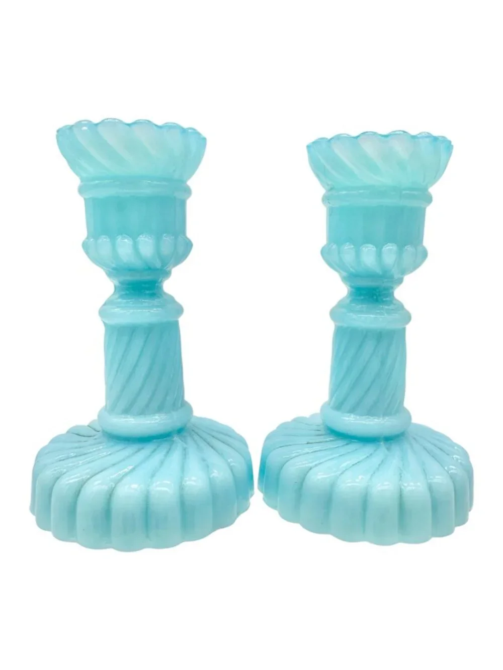 Westmoreland Blue Milk Glass Candlesticks Pair Vintage Childrens Tableware 3.5